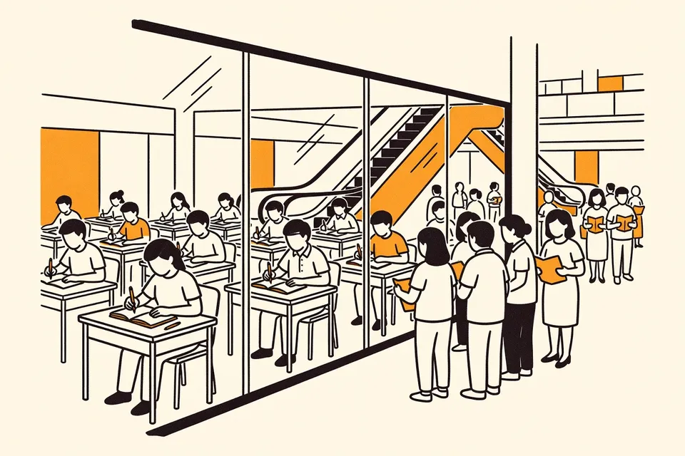 A wide view of a classroom inside a Bangkok mall, with students studying at desks and parents watching through the glass walls, escalators in the background.