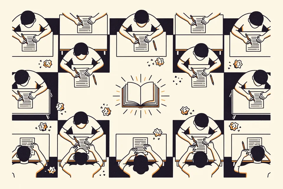Overhead view of students taking a test at desks arranged in a grid, with pencils, eraser shavings, and crumpled paper on the floor, and an open textbook at the center.