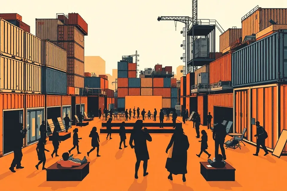 A wide view of an industrial creative park with shipping containers and scrap metal, small figures dancing and lounging as the sun sets, evoking a festive, communal atmosphere.