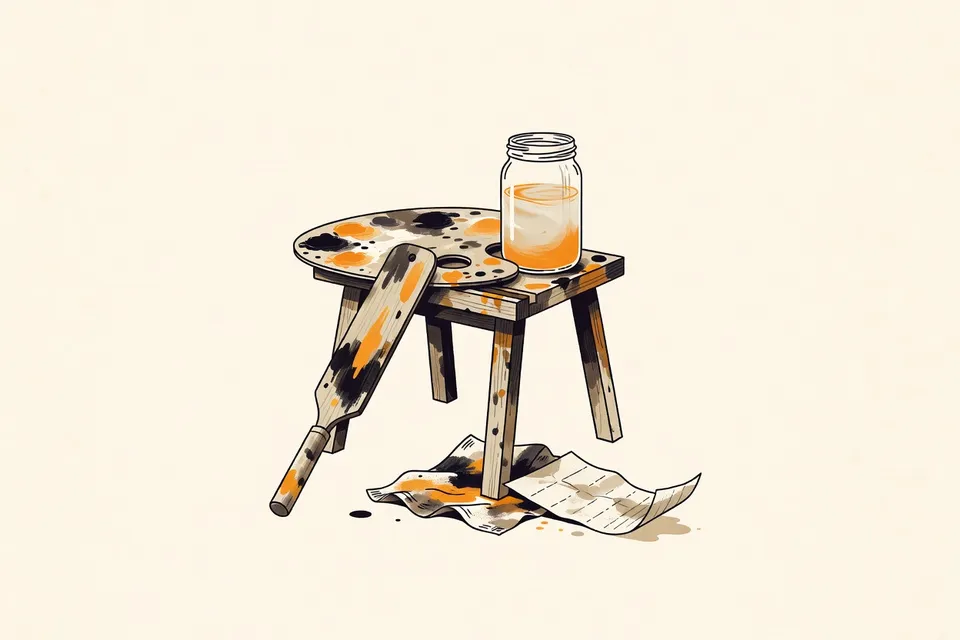 A still life arrangement on a wooden easel: a paint-splattered palette, a jar of cloudy turpentine, an auction paddle leaning against the leg, and a crumpled voting slip under a paint rag.