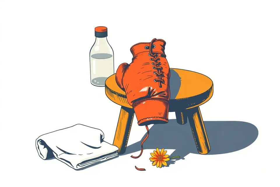 A still life of a worn boxing glove on a wooden stool, with a water bottle, towel, and a single red flower on the floor, evoking a boxing ring corner.