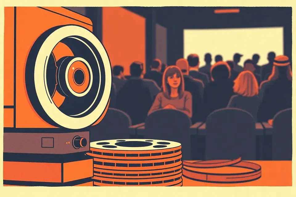 Close-up of a film projector lens with film reels, and a blurred audience in a dark cinema.