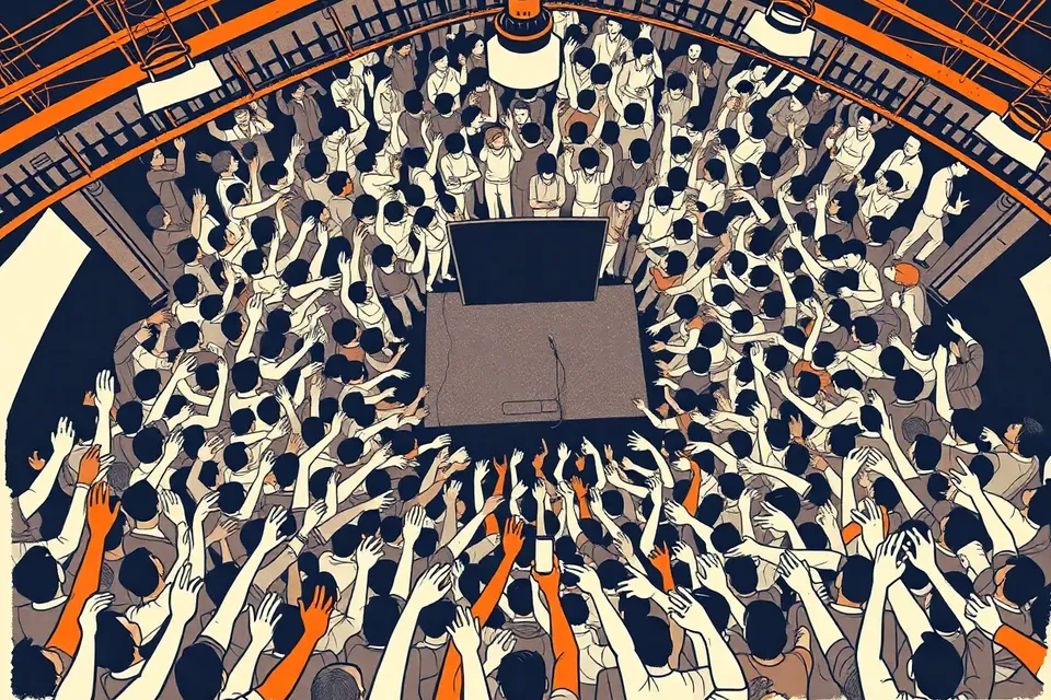 Overhead view of a packed concert crowd at a livehouse, with raised arms and phone lights creating a swirling pattern around a central stage with instruments.