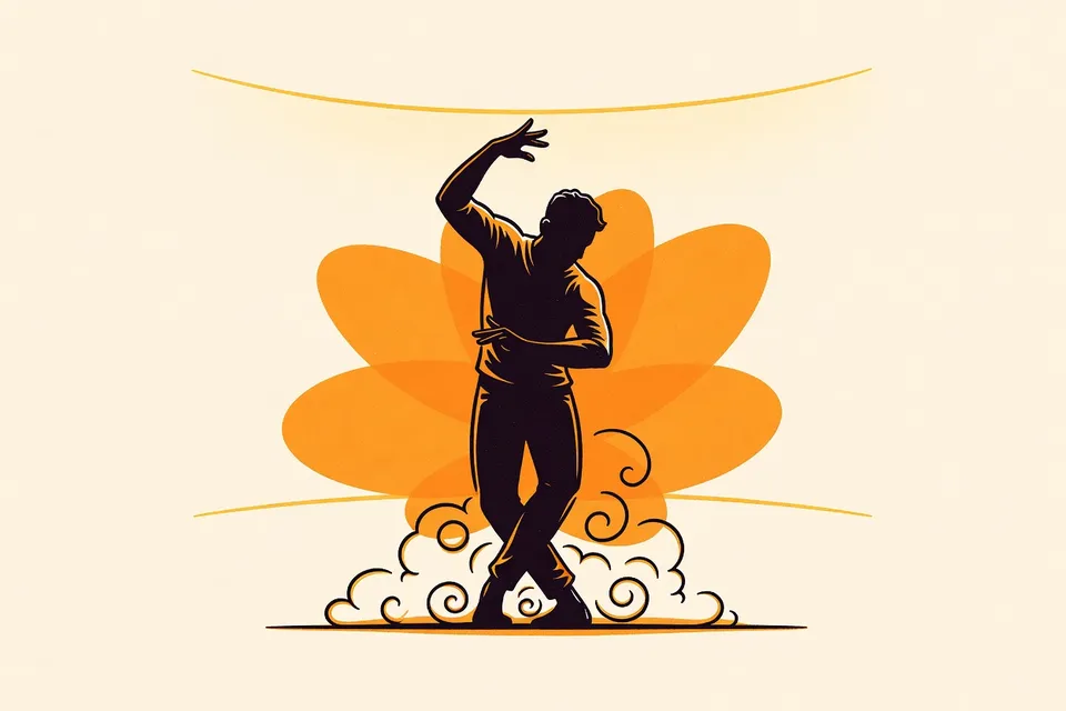 A silhouette of a dancer on stage, arm raised, with backlighting and haze, set against the curved ceiling of an arena.