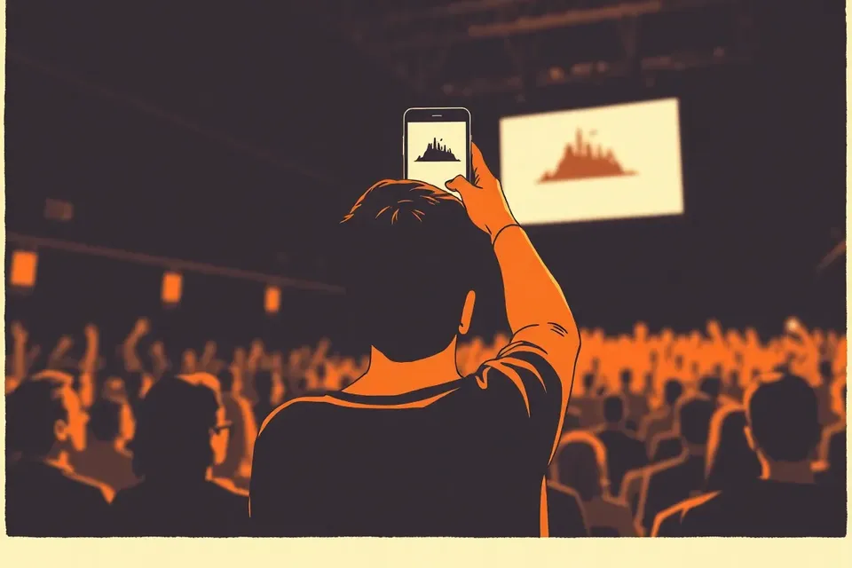 A fan in a dark concert hall holds up a phone displaying a glowing island silhouette, with blurred crowd lights in the background.