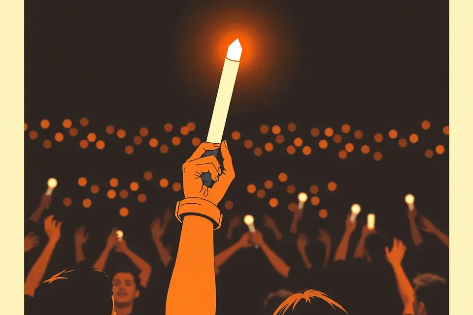 A glowing lightstick held aloft in a dark concert hall, surrounded by a blurred sea of other lightsticks, with modern architectural details faintly visible in the background.