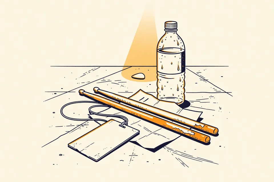 A still life arrangement of a tour pass, drumsticks, setlist, water bottle, and guitar pick on a scuffed concrete floor, illuminated by a single stage light.