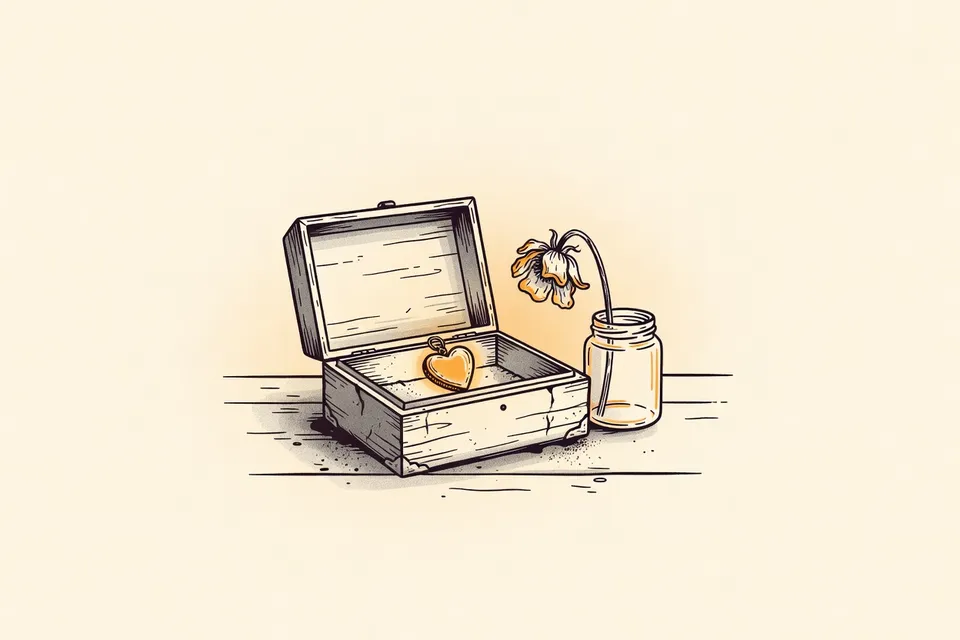 A still life arrangement on a wooden floor: an open music box with a glowing heart-shaped locket inside, a wilted buttercup, and an empty glass jar, all illuminated by soft, dim light.