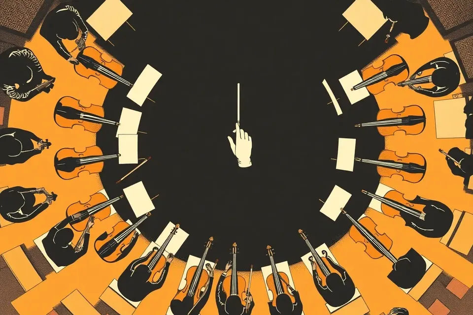 Overhead illustration of an orchestra arranged in a circle, with violin bows pointing inward and brass instruments reflecting light. A conductor's hand with a baton is at the center, and the musicians are depicted as stylized silhouettes.