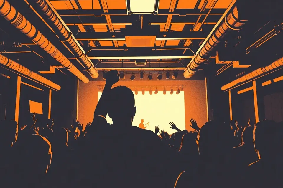 A silhouetted fan with raised fist in a dark concert crowd, with industrial ceiling details visible, evoking a rock show atmosphere.