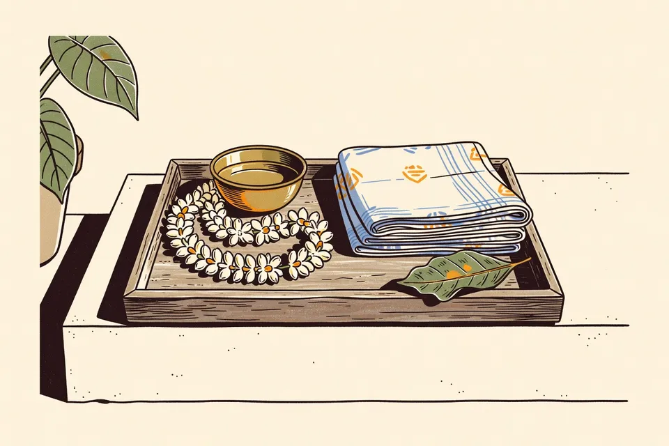 A still life arrangement on a concrete step: a brass bowl of water, a jasmine garland, a folded indigo sarong, and a kaffir lime leaf, with a shadow from a potted elephant ear plant.