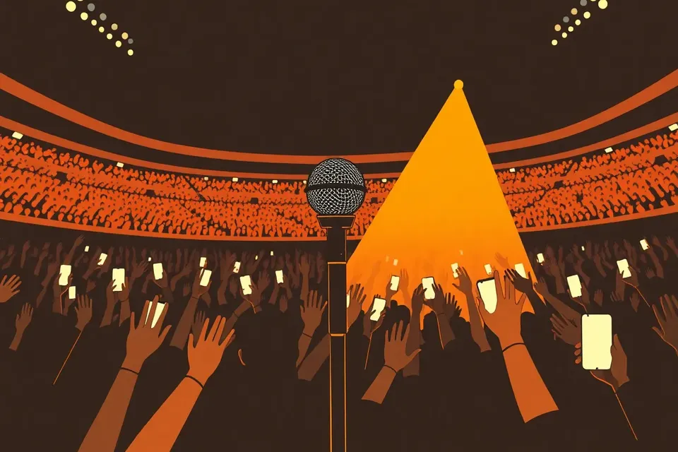 A microphone on a stand illuminated by a spotlight, with a large crowd of anonymous fans raising their hands and phones in a dark stadium.