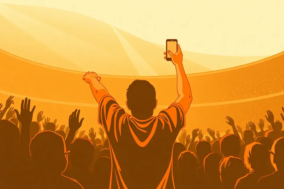 A stylized illustration of a concert scene: a fan from behind holding up a phone, surrounded by raised hands and a beam of light in a large stadium.