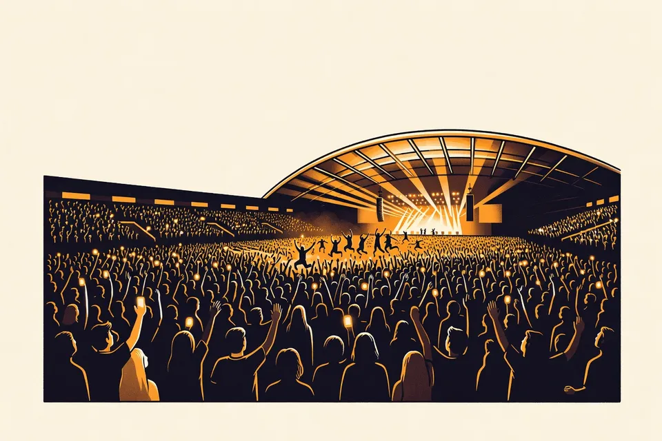 A wide shot of a concert at UOB Live, with a dark arena full of fans raising their hands and phones toward a brightly lit stage. The ceiling has metallic curved ribs, and the crowd is jumping in unison.