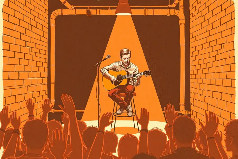 A guitarist performs on a dimly lit stage, with audience hands raised in the foreground, in an industrial venue.