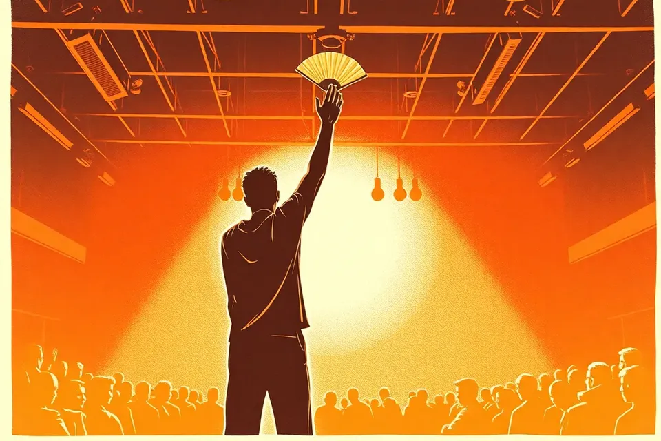 A stylized performer on a dark stage, back turned, holding a glowing fan, with industrial ceiling details visible.