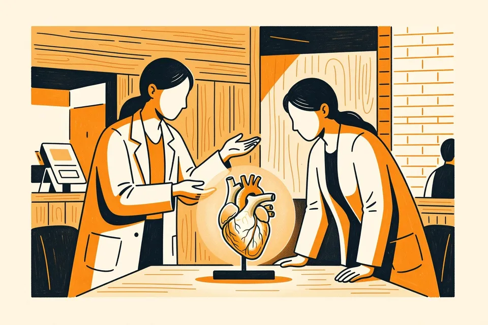 Two medical professionals in white coats examine a glowing anatomical heart model on a table in a cozy venue with wood and brick interior.