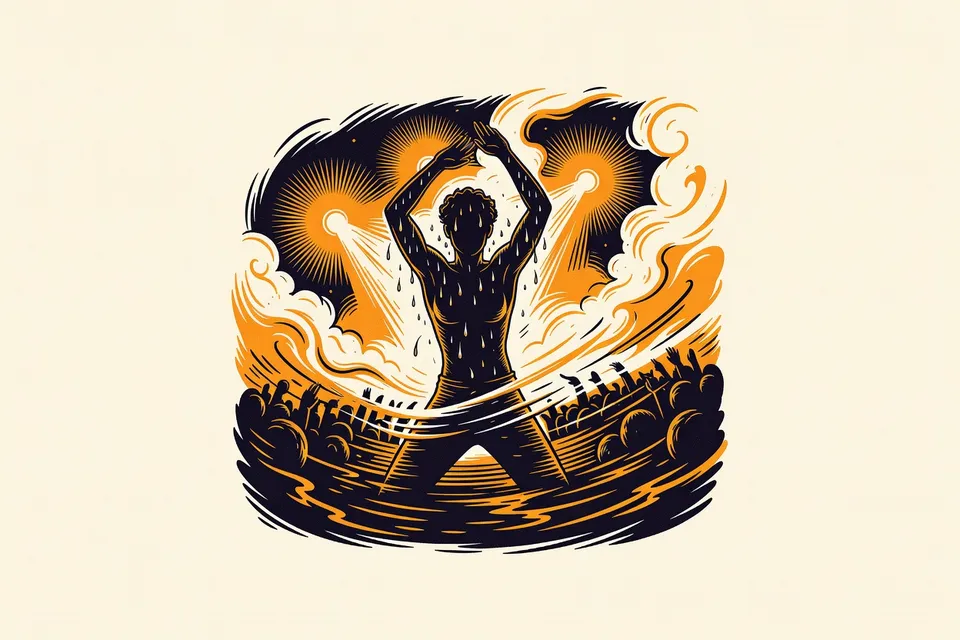 A silhouette of a dancer with raised arms against colorful stage lights, surrounded by haze and crowd energy.