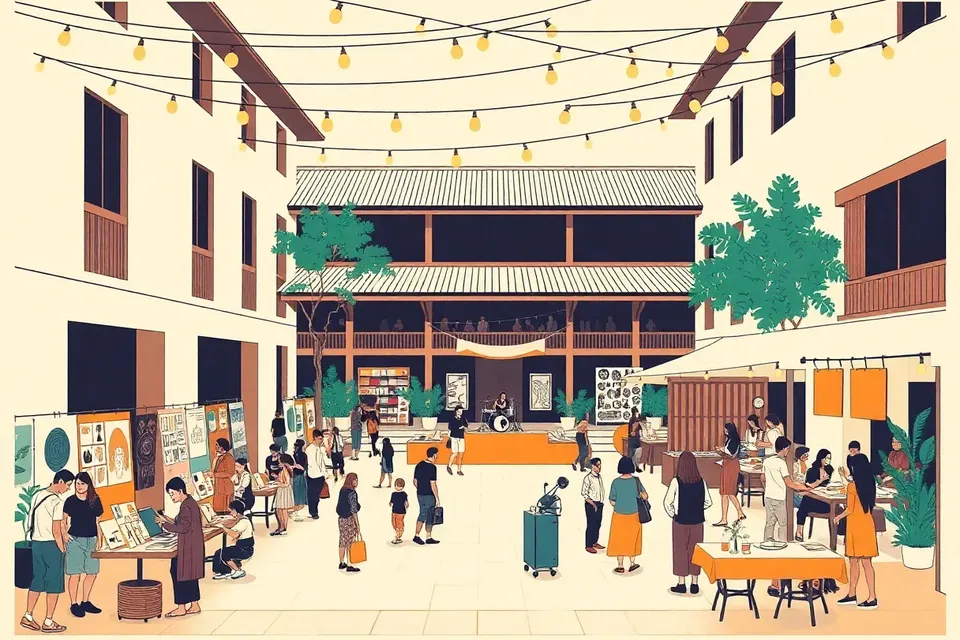 A bustling courtyard festival at a Thai-style building, with people at craft stalls, workshops, and a live band under string lights.