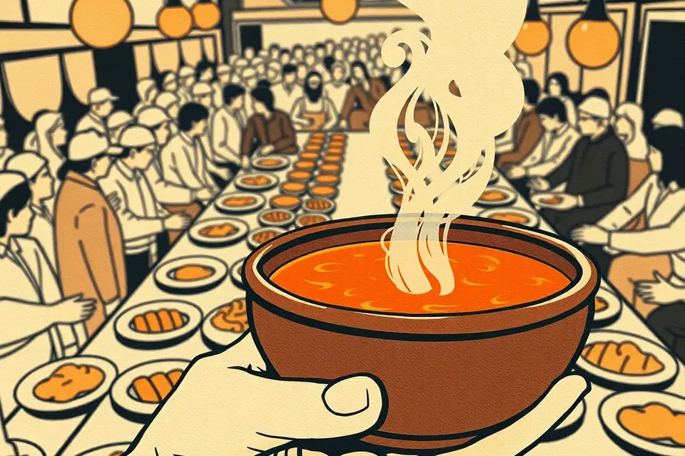 A hand holds a steaming clay bowl of Thai curry, with a blurred crowd and communal table of diverse dishes in the background.