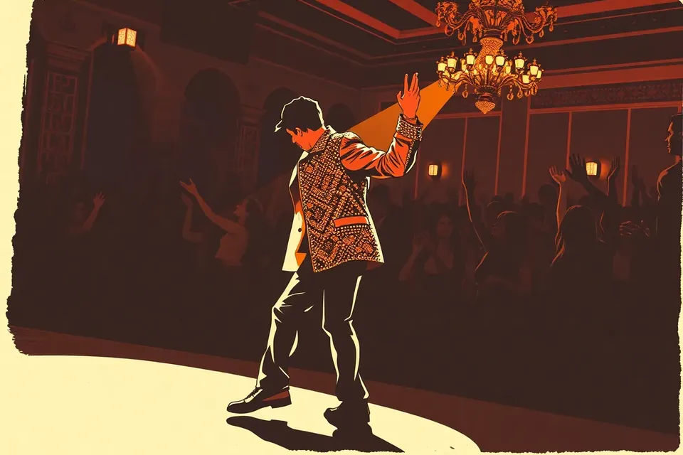 A stylized illustration of a dancer in a sequined jacket performing on a dimly lit stage, with a raised hand and microphone, surrounded by the blurred silhouettes of an energetic crowd.