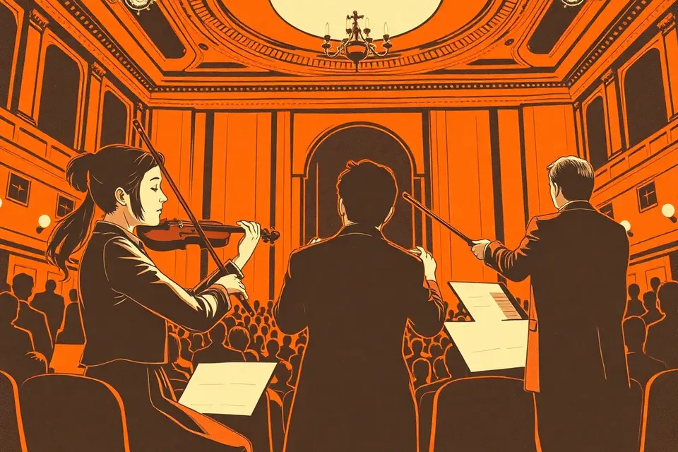 A violinist and conductor on stage, captured in a quiet moment of musical intensity, with the audience softly blurred in the background.