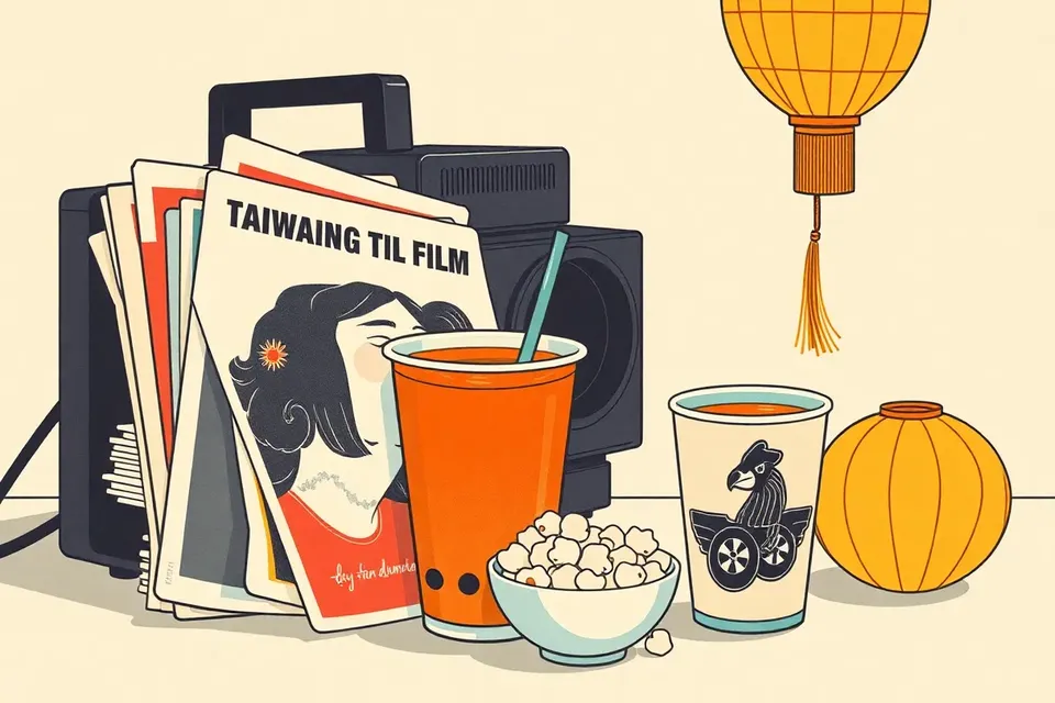 A still life of old Taiwanese movie posters, a projector lens, bubble tea, popcorn, and a red lantern.