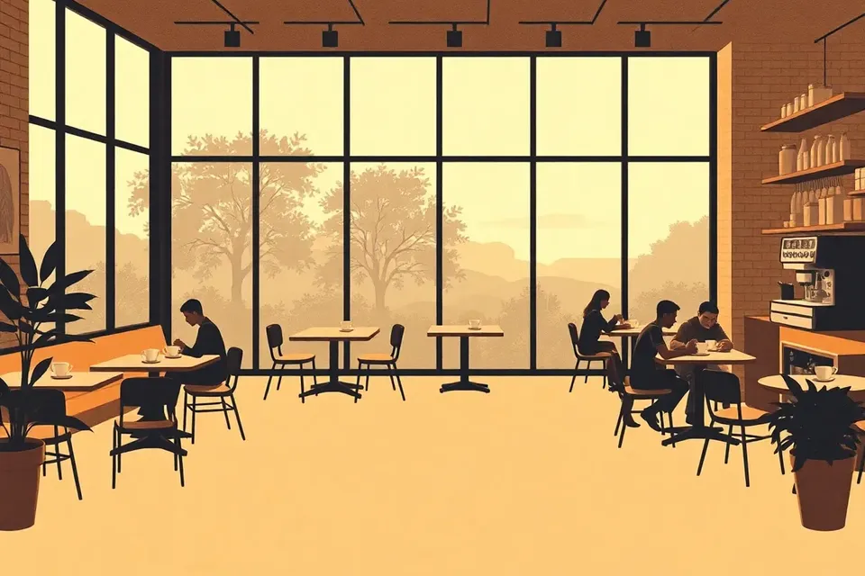 A wide shot of a minimalist coffee shop at dawn, with large windows letting in soft morning light. A few anonymous figures sit at tables, some holding cups, creating a peaceful, communal mood.