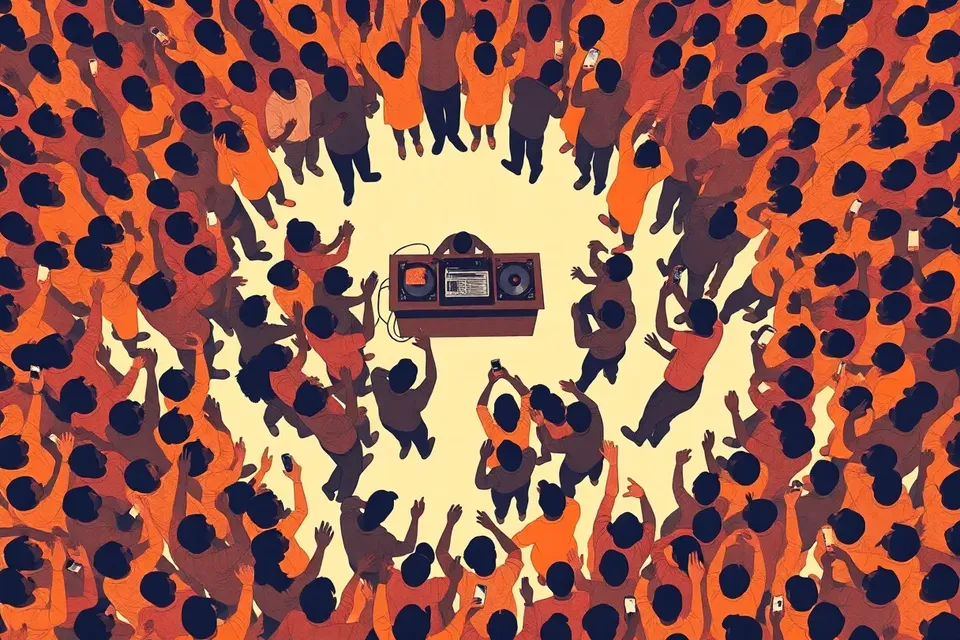 An overhead view of a lively dance floor at a nightclub, with a crowd of stylized figures moving rhythmically around a central DJ booth, some raising phones, creating a dynamic pattern.