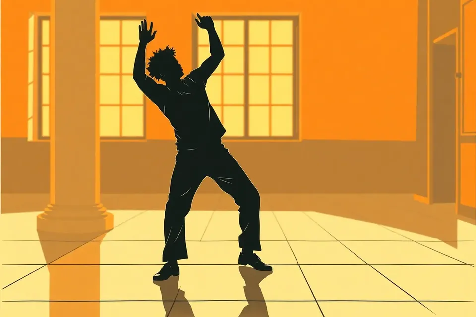 A dancer in a dynamic pose on a concrete floor, with one arm raised and feet wide, set against a blurred background of a column and a glowing window.