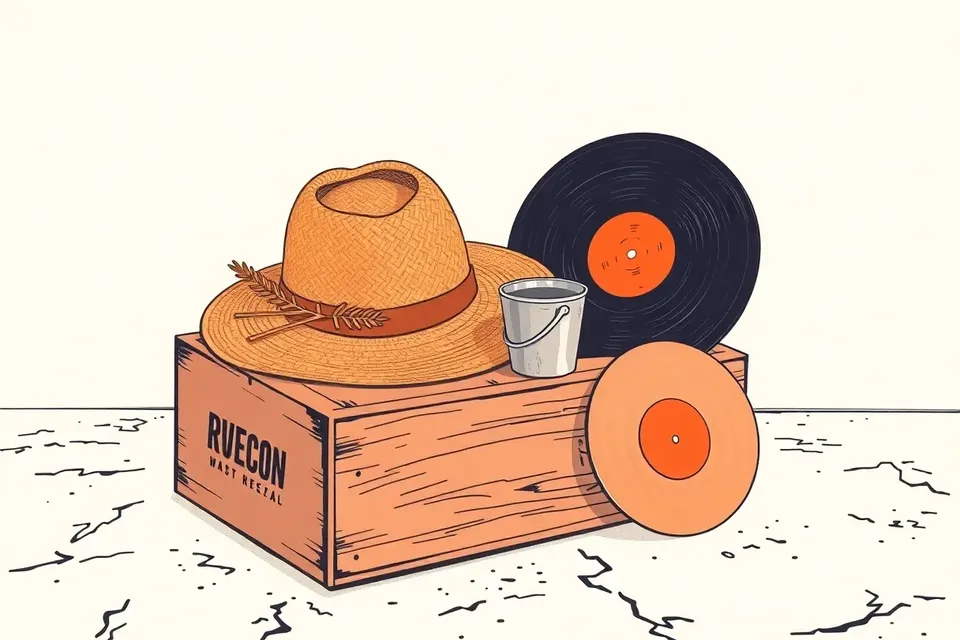 A still life arrangement on a concrete floor: a straw hat on a wooden crate, a metal cup with dried palm fronds, and a vinyl record leaning against the crate, illuminated by a warm glow.