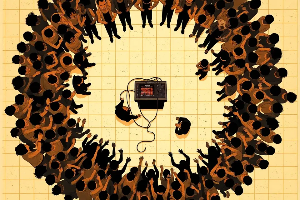 An overhead view of a crowd gathered in a circle around a DJ booth, with hands raised and cables on the floor, conveying a focused, underground music event.