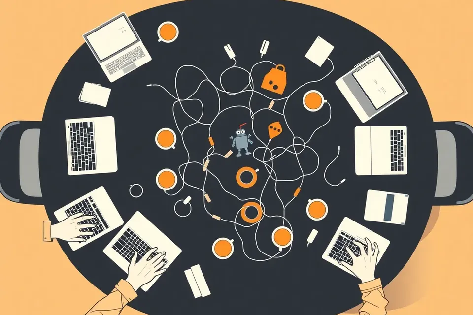 Overhead view of a conference table with laptops, cables, coffee cups, and hands typing, with a robot toy and duct tape at the center.