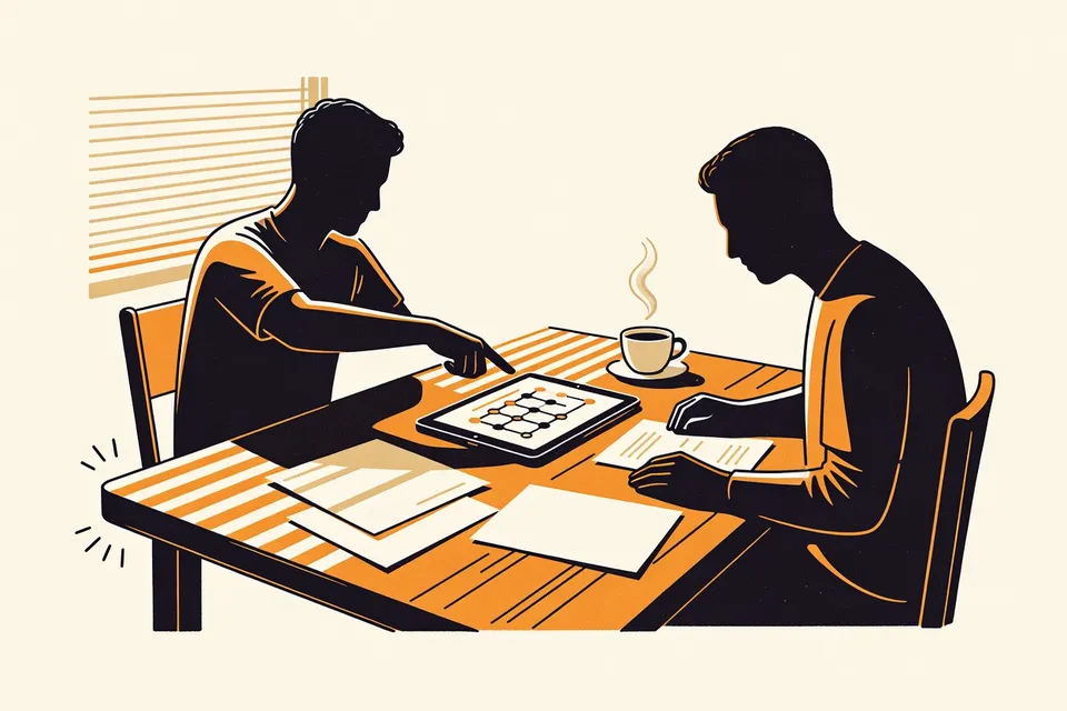 Two people sit at a table in a sunlit room with venetian blinds, one pointing at a tablet showing a flowchart, papers and coffee nearby.