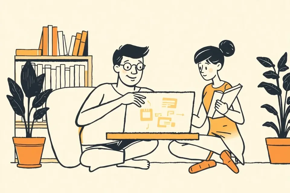Two people at a table with a laptop, one pointing at the screen, the other taking notes, in a room with bookshelves and a plant.