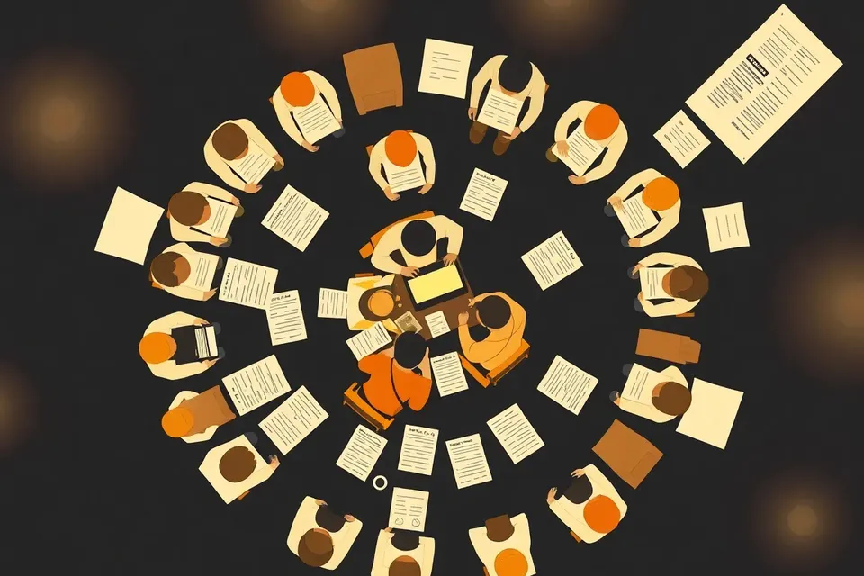 Overhead view of a workshop circle with people around a laptop, papers and coffee cup on the floor, under a grid of lights.