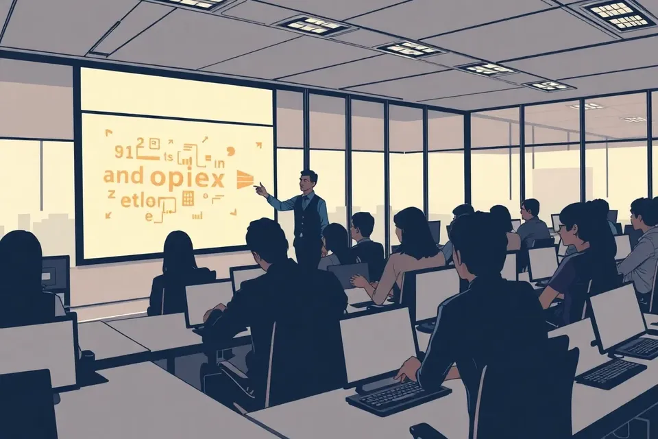A wide view of a contemporary training room with rows of computer workstations, attendees silhouetted at their desks, and a facilitator pointing at a large screen displaying abstract code patterns.
