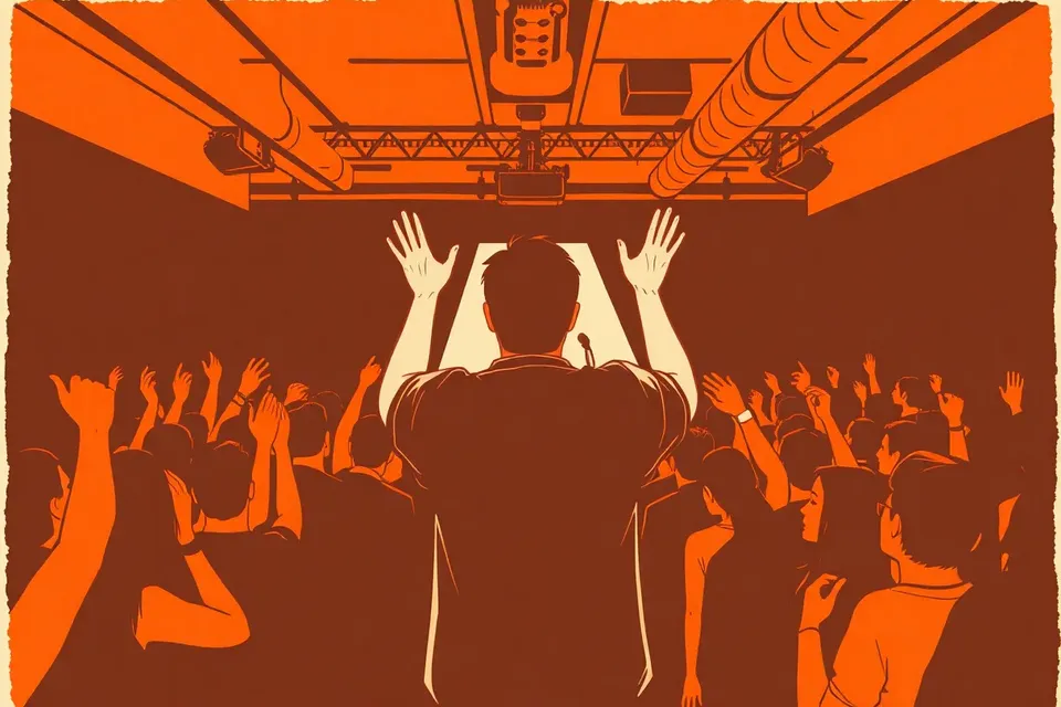 A stylized illustration of a concert scene in a small livehouse, with a lone audience member raising hands toward a silhouetted guitarist on stage, surrounded by a blurred crowd and atmospheric purple lighting.