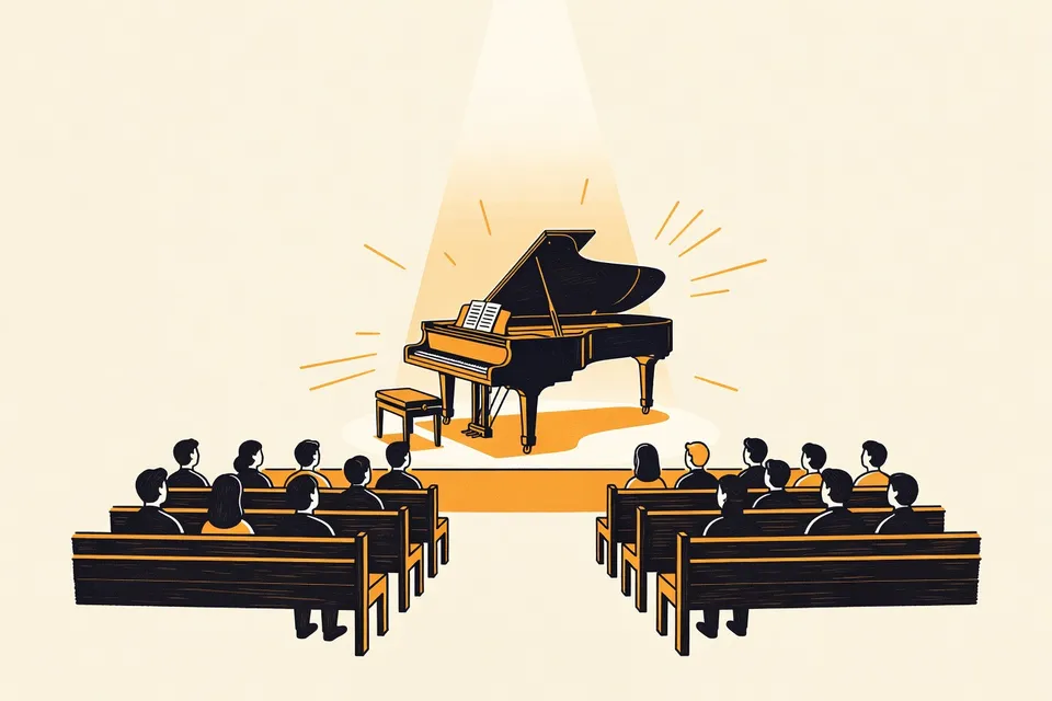 A wide view of a concert hall with a grand piano on stage and audience silhouettes in wooden pews.