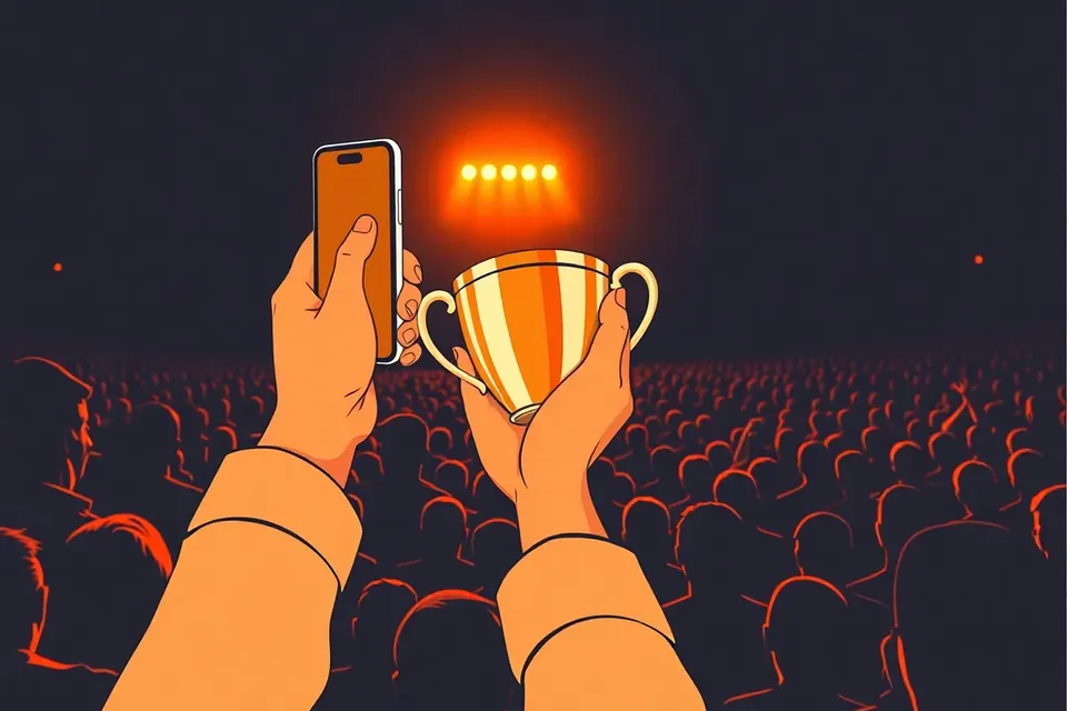 A person in a dark concert hall holds a glowing phone and a reflective trophy cup, with stage lights casting highlights on the cup's surface.