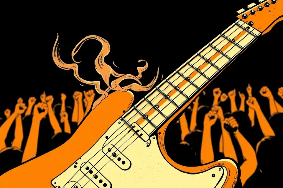 Close-up of an electric guitar neck in a smoky concert venue, with a silhouetted crowd raising fists in the background.