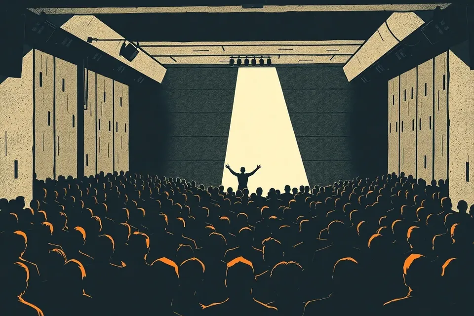 A wide shot of a dark, industrial livehouse interior with a crowd of silhouetted figures standing still, facing a stage where a lone performer kneels under a single beam of light, evoking a solemn, heavy atmosphere.