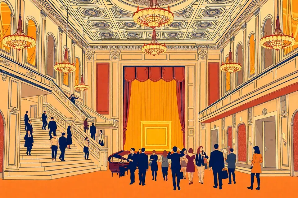 A wide shot of a grand theatre foyer with a sweeping staircase, chandeliers, and a small crowd of elegantly dressed people moving toward glowing auditorium doors.