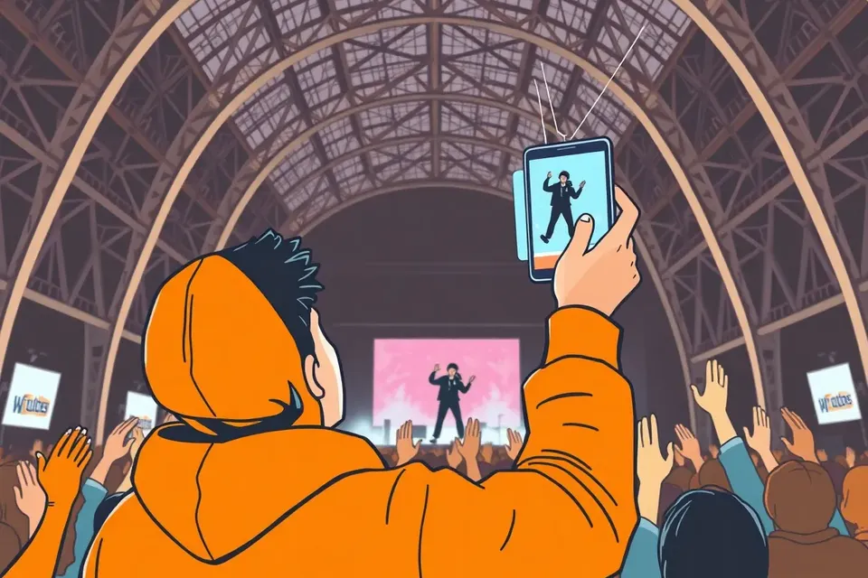 An illustration of a fan at a pop-culture event, holding up a phone to film a holographic VTuber performing on stage, with the station's architecture visible in the background.