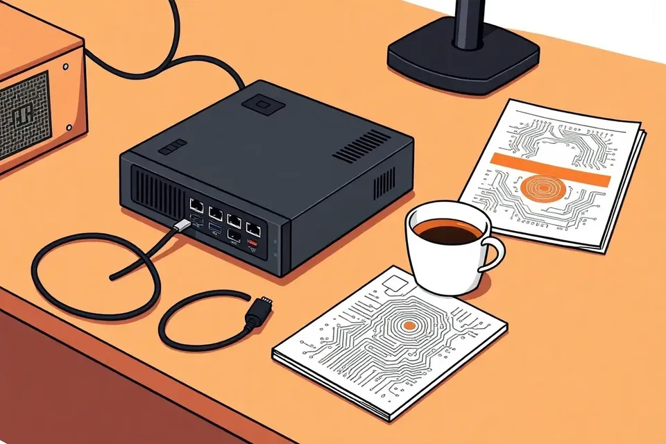 A still life illustration of a black network gateway device on a wooden desk, with a coiled cable, technical manuals, and a coffee cup, evoking a technical workshop setting.
