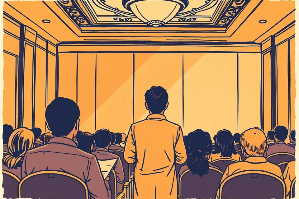An illustration of a speaker at a podium in a dimly lit conference room, with a few attendees taking notes, set against ornate Thai architectural details.