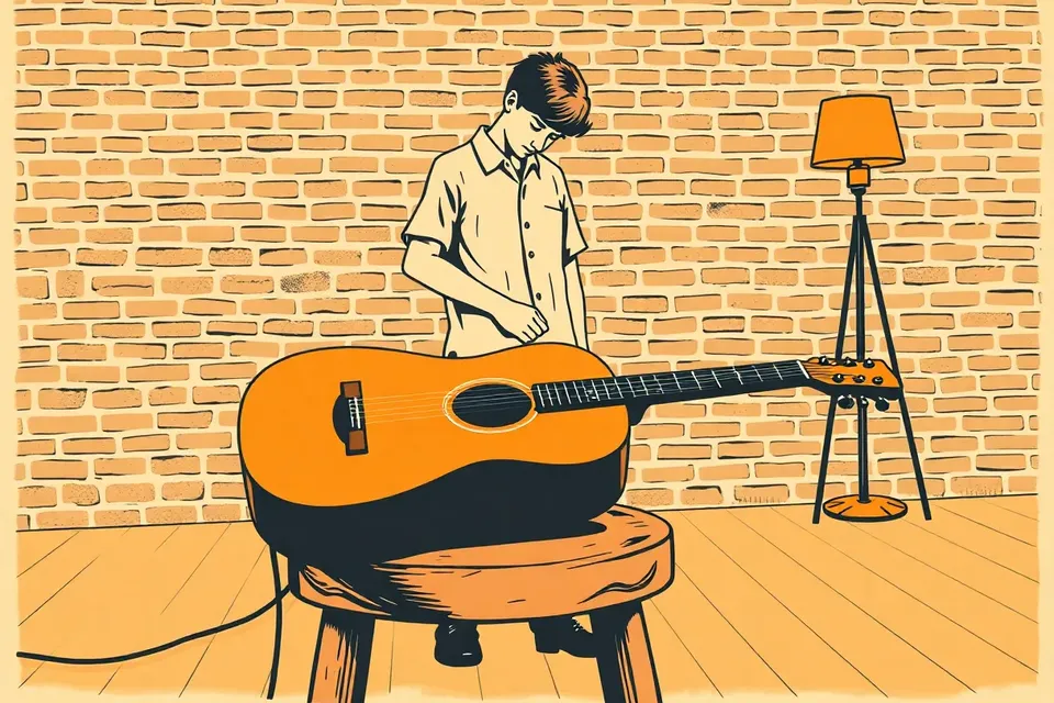 An acoustic guitar on a wooden stool in front of a brick wall, with a dimly lit floor lamp nearby. A figure stands behind the guitar, head bowed, hand on the strings.