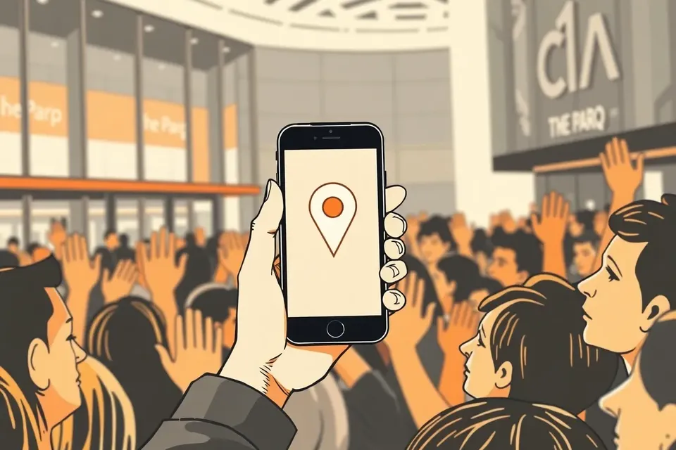 A close-up of a hand holding a smartphone with a map pin on the screen, surrounded by a crowd of people, with the modern glass and green architecture of The Parq in the background.