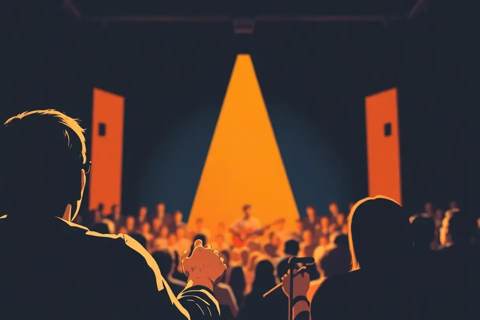 Illustration of a guitarist on stage, hands over guitar strings, with a blurred audience in the background, evoking a quiet, focused atmosphere.