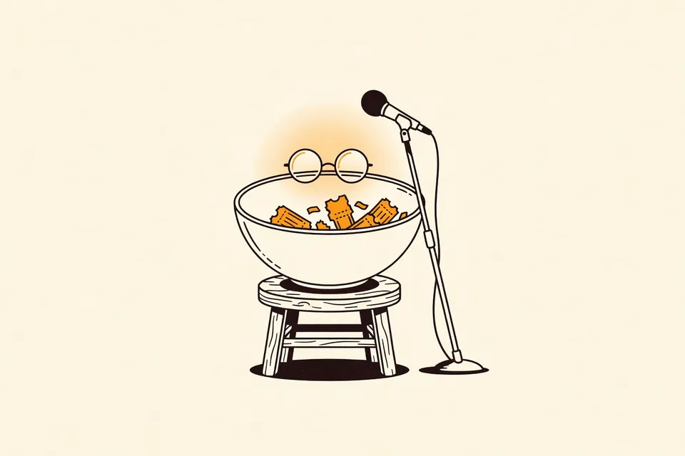 A still life with a large ceramic bowl on a wooden stool, containing torn ticket stubs. A microphone stand leans nearby, and round glasses rest on the bowl's rim under a warm spotlight.